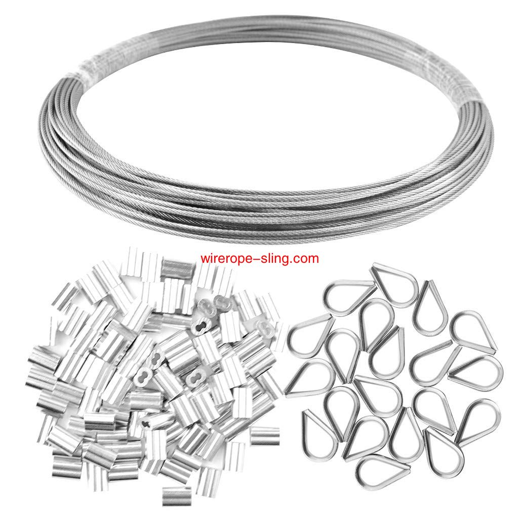1/16inch x 66Feet Stainless Steel Wire Rope Cable 100Pcs Aluminium Crimping Sleeves und 20Pcs Edelstahl Thimble Cable Railing Kits