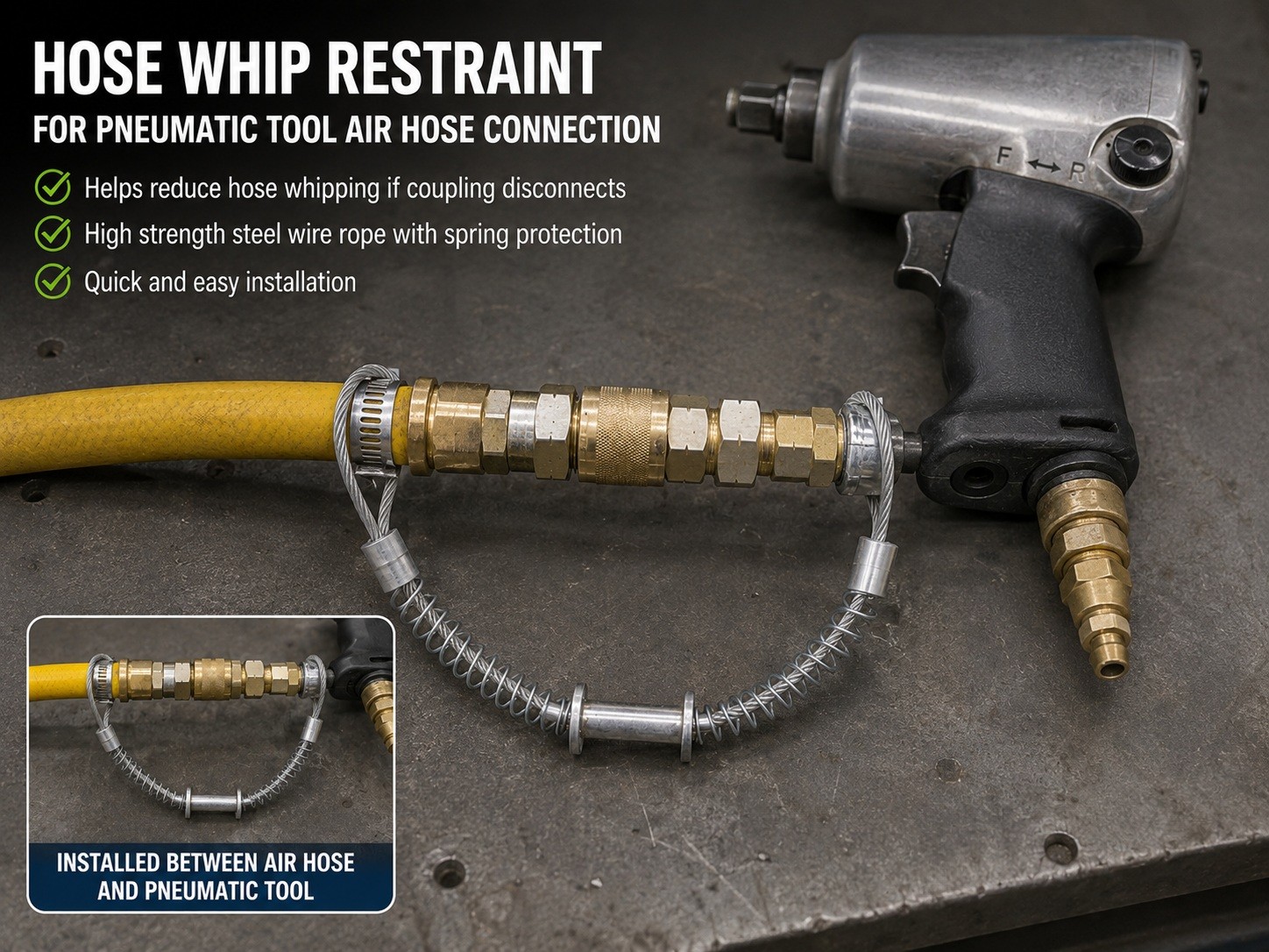 Hose whip restraint for pneumatic tool air hose connection Hose whip restraint for pneumatic tool air hose connection