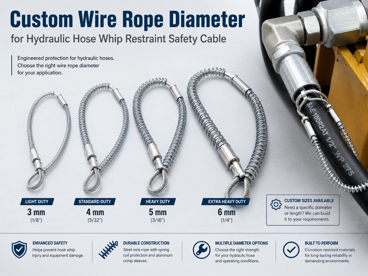 Custom wire rope diameter for hydraulische Schlauchpeitschhalterung safety cable Custom wire rope diameter for hydraulische Schlauchpeitschhalterung safety cable