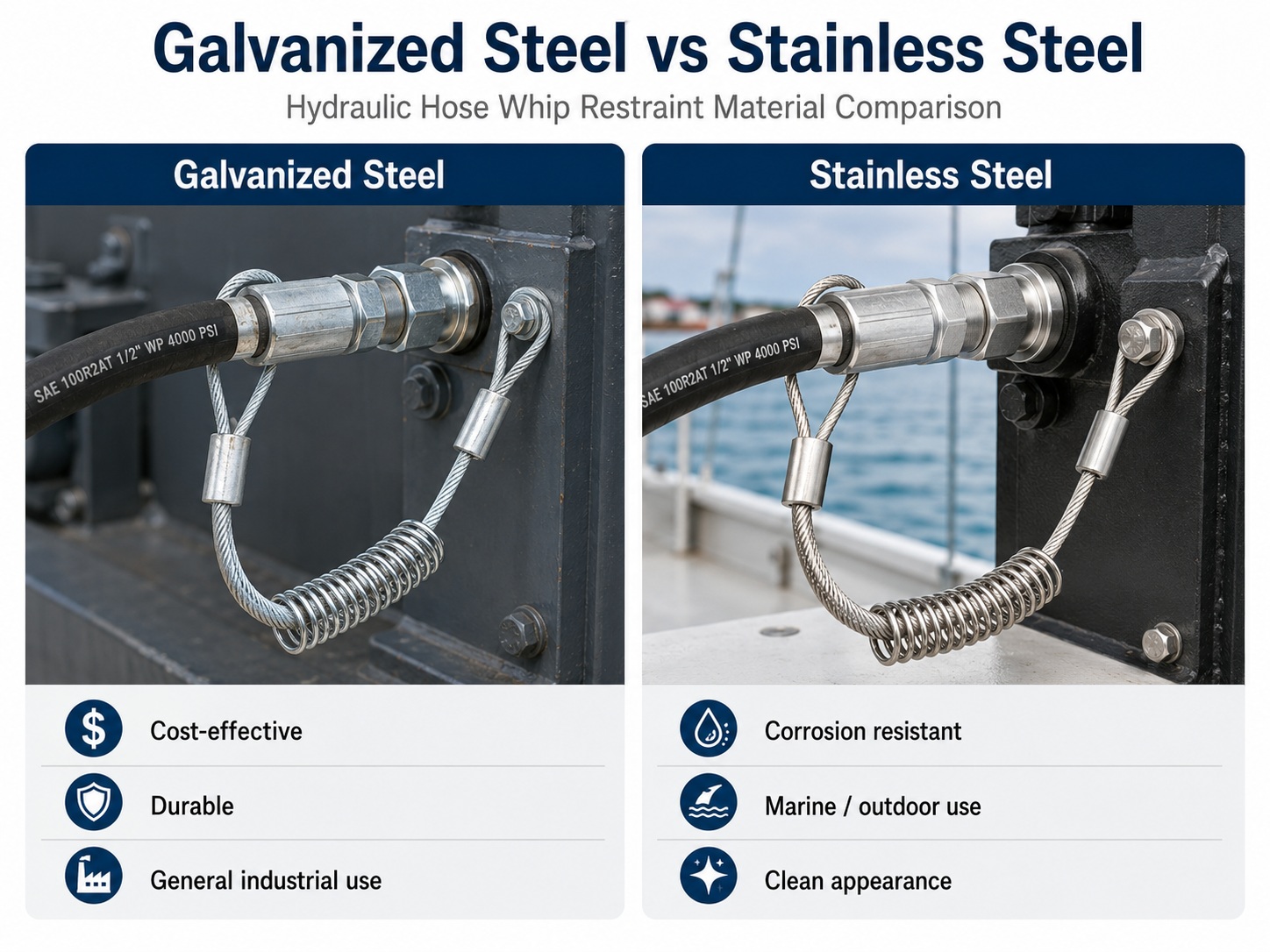 Galvanized steel and stainless steel hydraulische Schlauchpeitschhalterung material comparison Galvanized steel and stainless steel hydraulische Schlauchpeitschhalterung material comparison
