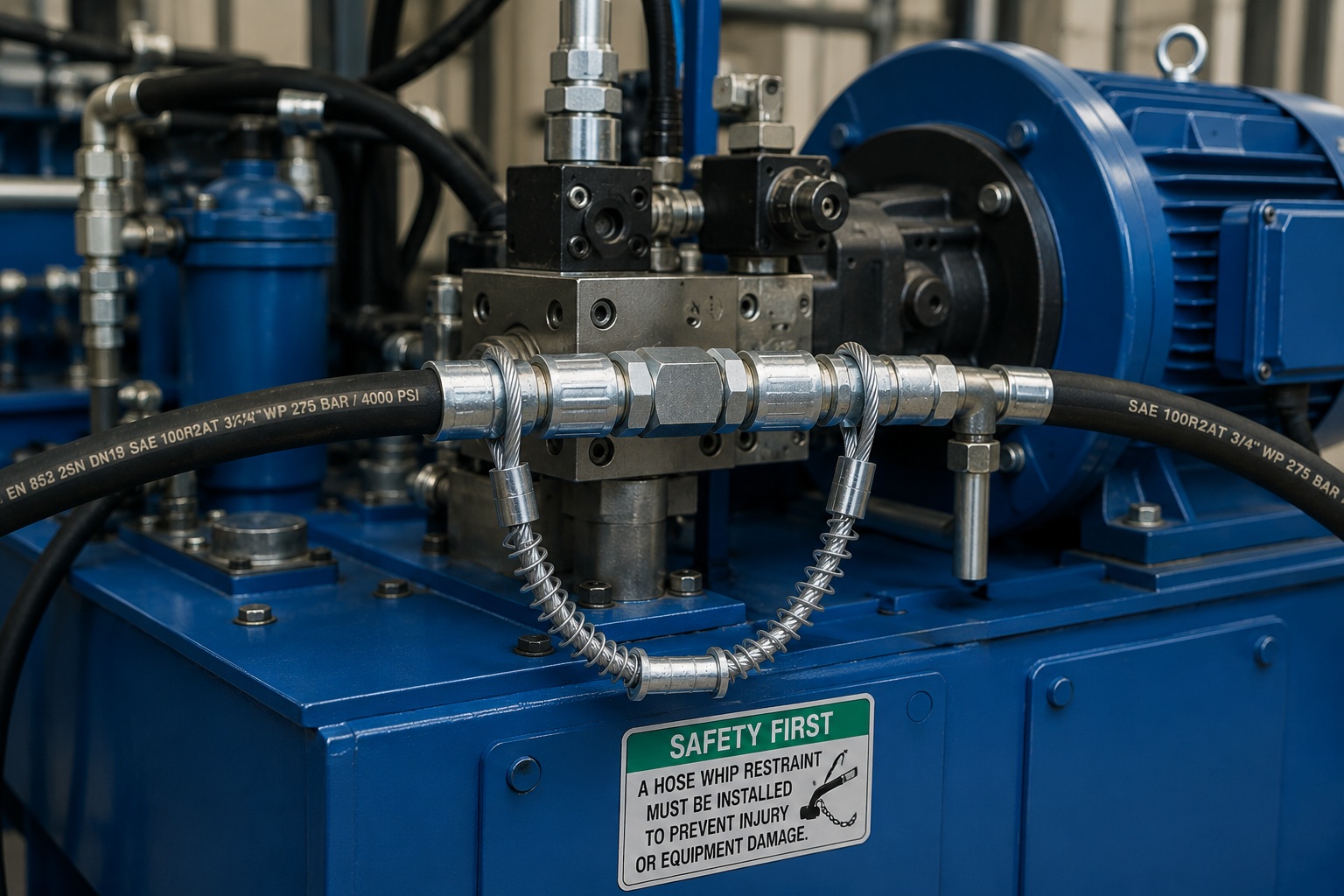 Hoch pressure hose restraint installed on industrial hydraulic power unit Hoch pressure hose restraint installed on industrial hydraulic power unit