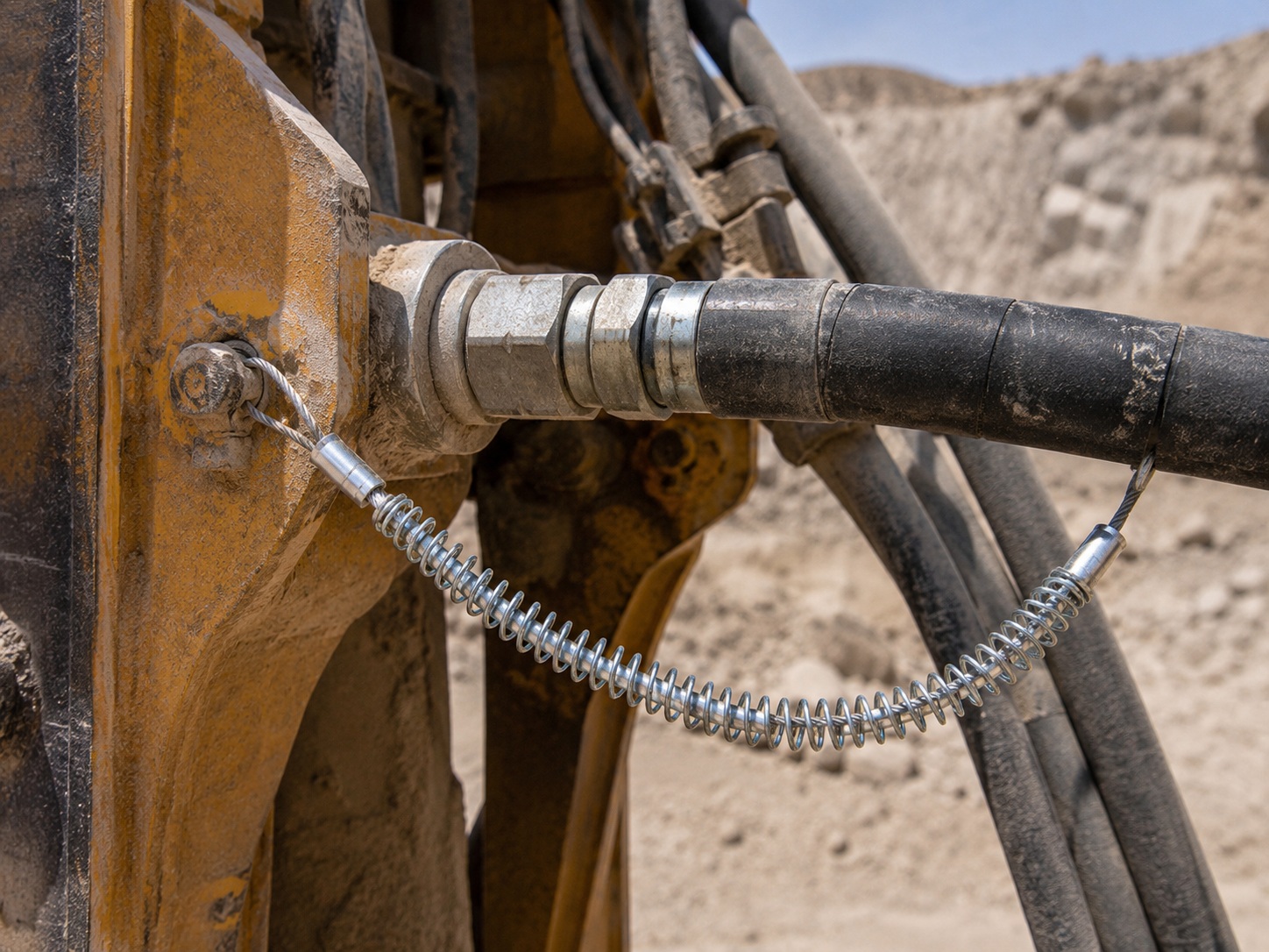 Mining hydraulische Schlauchpeitschhalterung installed on heavy equipment hose connection Mining hydraulische Schlauchpeitschhalterung installed on heavy equipment hose connection